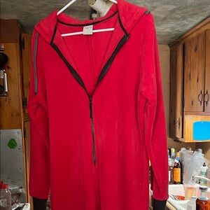 Red Hooded Jumpsuit with Black Accents